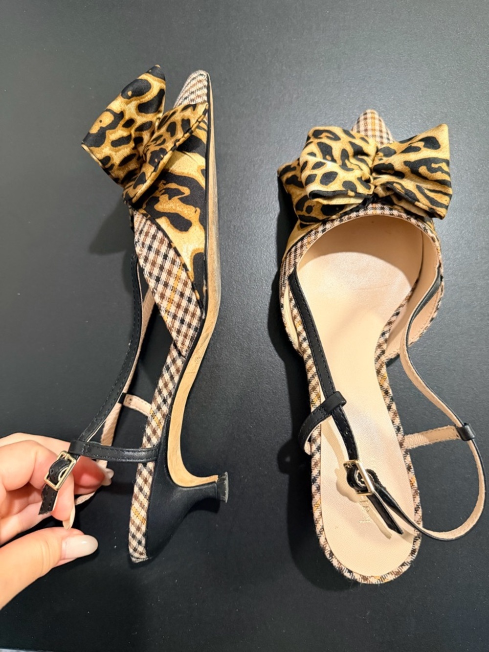Kate Spade Daxton kitten heel houndstooth leopard pumps, slingback pointy toe 7 - Picture 9 of 11